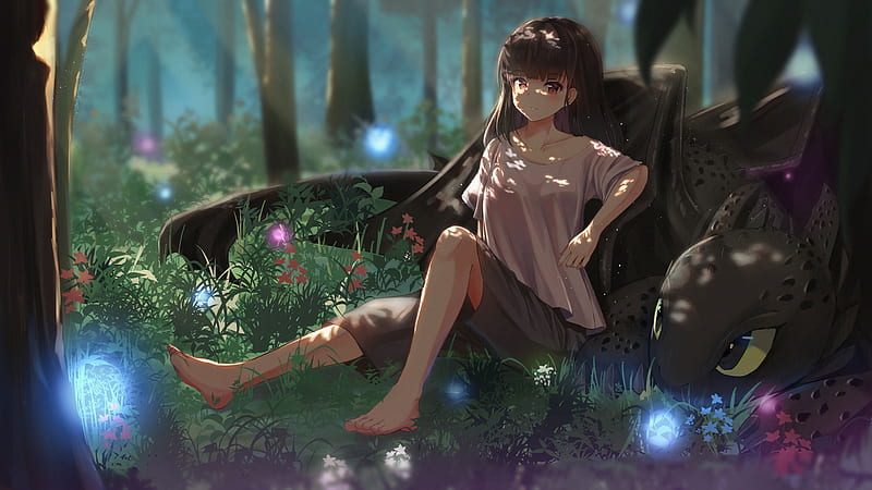 anime girl, dragon, forest, scenic, Anime, HD wallpaper