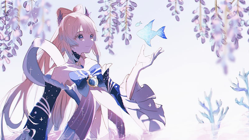 A stunning 4k wallpaper featuring sangonomya kokomi and her water elemental  magic