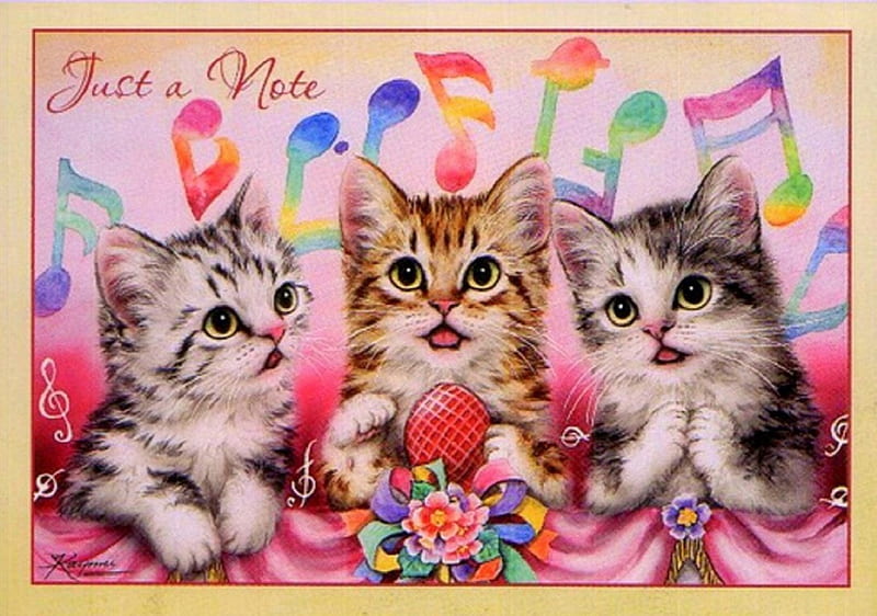 ..Choir Singing Kittens.., pretty, draw and paint, adorable, paintings, note, animals, lovely, kitty, singings, colors, love four seasons, creative pre-made, cute, microphone, weird things people wear, cats, chorus, kitten, HD wallpaper