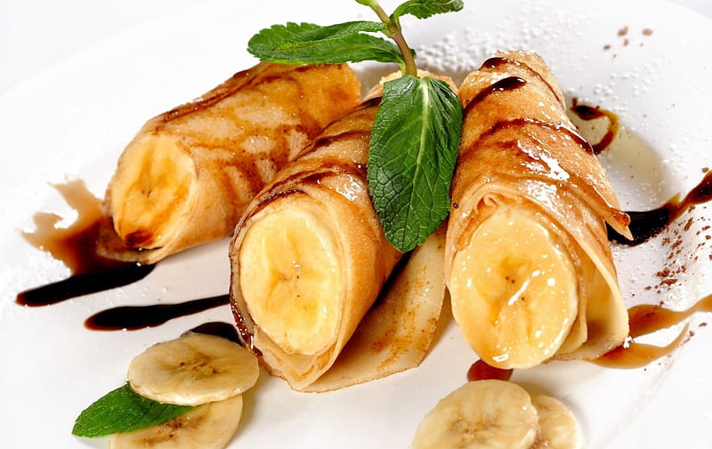 Banana-pancakes, mint, food, chocolate, yellow, sweet, dessert, fruit, green, pancakes, banana, HD wallpaper