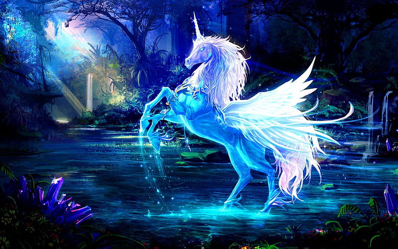 Sparkling crystal unicorn, sparkling, forest, fantasy, glow, unicorn, fairytale, HD wallpaper