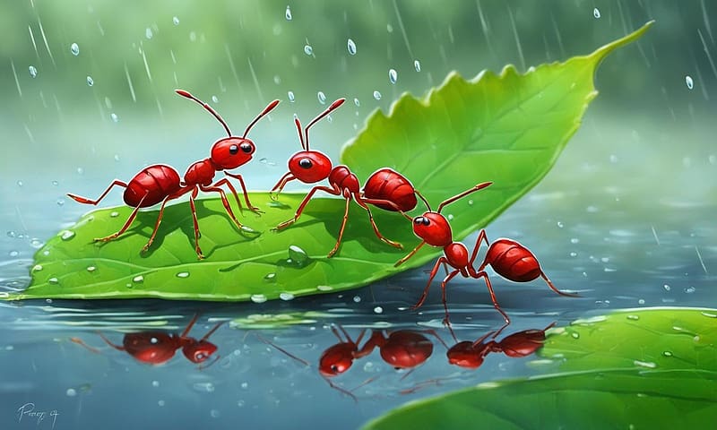 Few red ants crossing the river on a leaf, Frog, Foggy, Evening, Rain, HD wallpaper