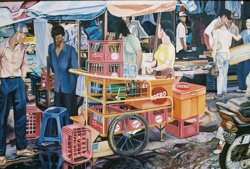 Poor wild effort at Senen Market-1998, acrylic painting, people, realism painting, painting, traditional painting, HD wallpaper