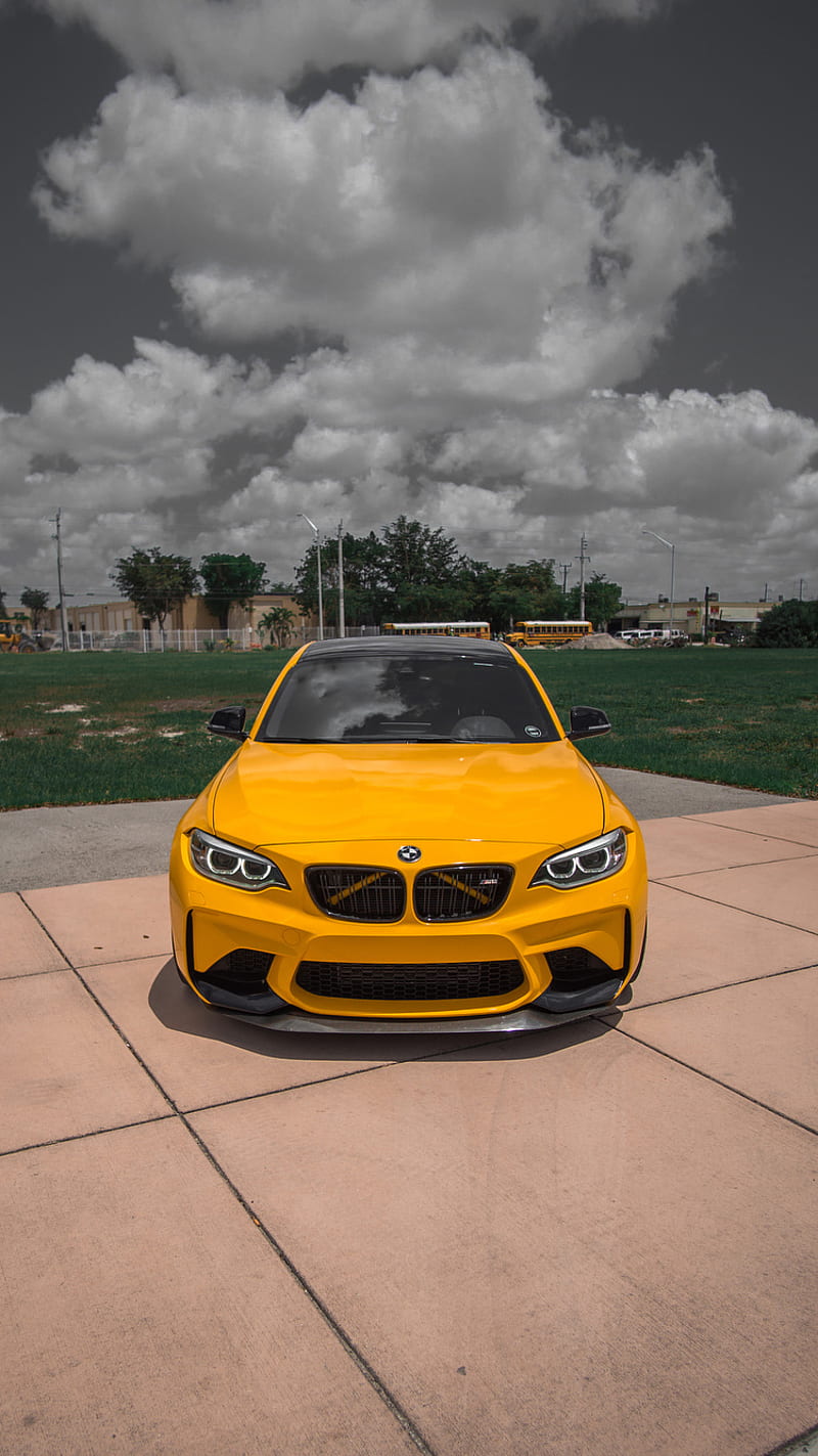 BMW M2, car, coupe, f87, m power, tuning, vehicle, yellow, HD phone wallpaper