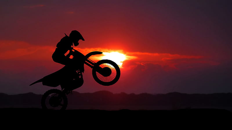 motorcycle, motorcyclist, cross, stunt, silhouette, sunset, HD wallpaper
