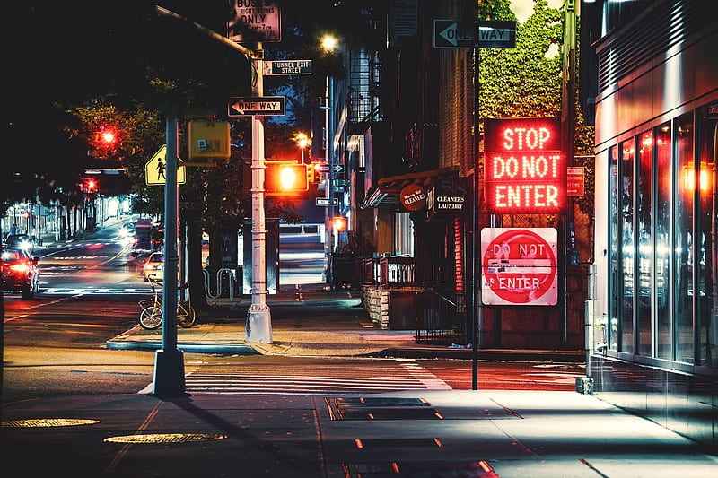 red and white stop light sign on sidewalk during night time, HD wallpaper
