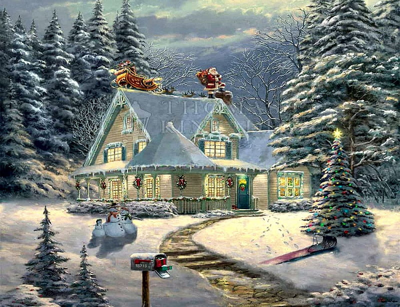 Midnight Delivery, sleigh, santa, cottage, snow, decoration, painting ...
