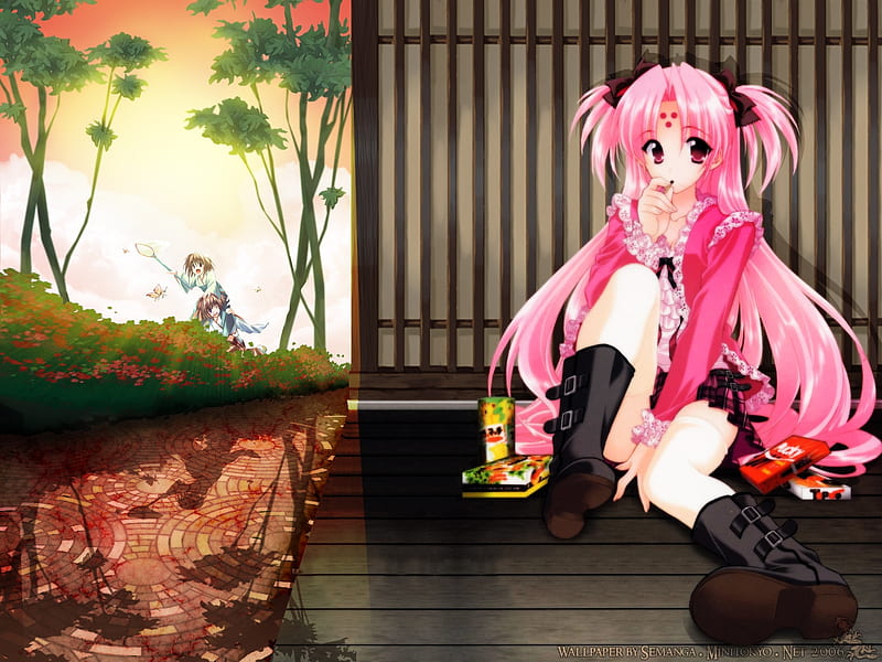 Miharu Sena, pretty, rest, sena, girls bravo, miharu, sunset, bamboo, cute, gentle, anime, river, pink, HD wallpaper