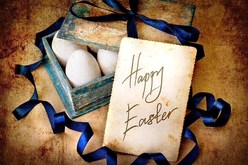 Vintage card, Easter, special days, holidays, eggs, box, blue, greetings, card, HD wallpaper