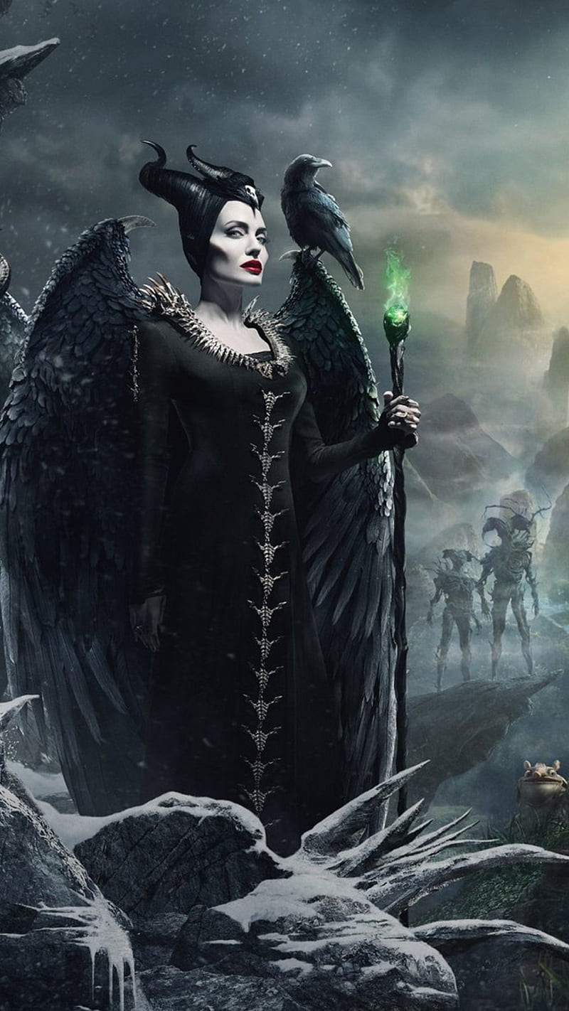 Maleficent, beauty, bird, black, black wings, historical, magic, witch, woman, HD phone wallpaper