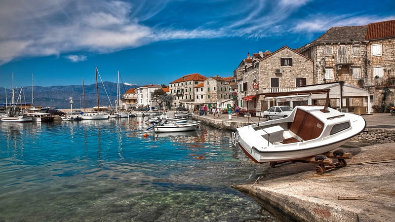 boat harbor in a town on brac island croatia, marina, boats, town, harbor, HD wallpaper