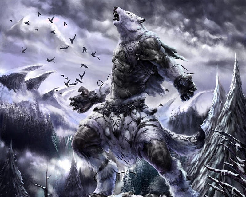 Werewolf Warrior, snow, mountains, birds, werewolf, trees, HD wallpaper