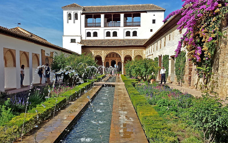 Alhambra Palace, Spain, garden, Spain, fountains, palace, HD wallpaper