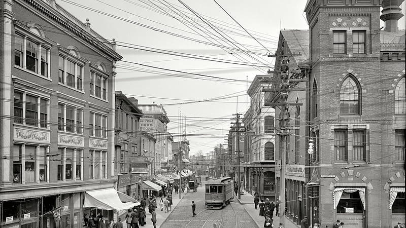 vintage view of old main street, trolleys, grayscale, town, tracks, street, vintage, HD wallpaper