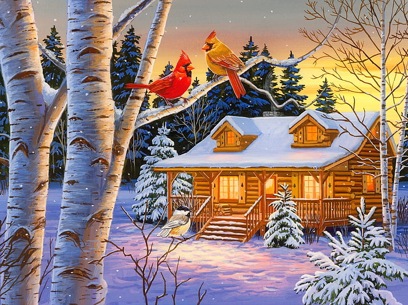 Winter retreat, pretty, art, house, cottage, retreat, birds, bonito, sunset, winter, cold, cardinals, snow, painting, wooden, frost, HD wallpaper