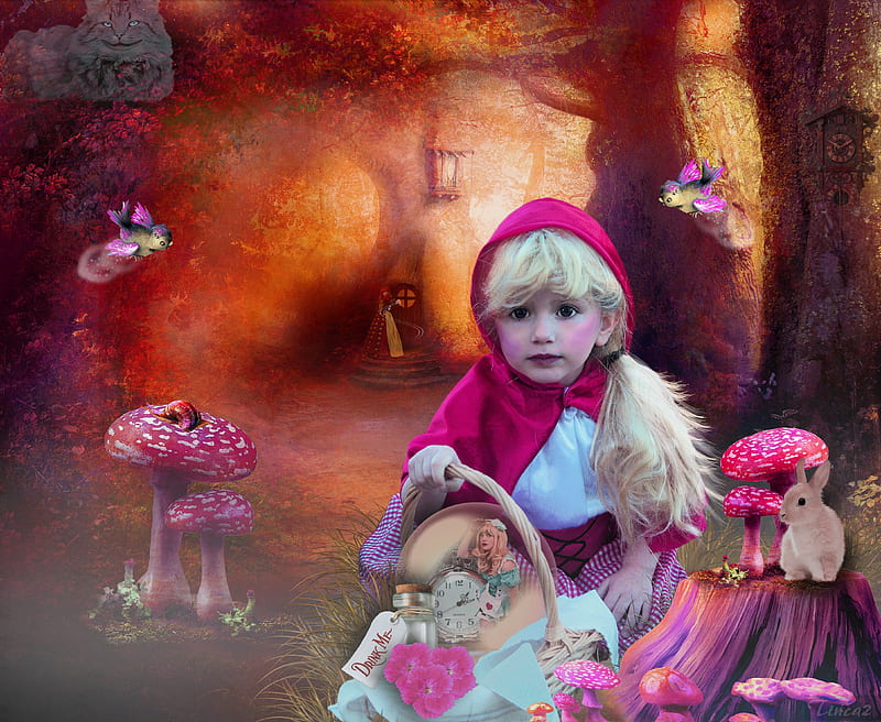 ~Red Riding Hood meets Alice~, Alice, red, colorful, dress, riding hood, mushroom, digital art, sweet, hair, fantasy, watch, manipulation, flowers, face, forests, hare, girls, animals, rabbit, female, wings, colors, birds, clock, butterflies, trees, lips, cool, basket, plants, flying, eyes, HD wallpaper