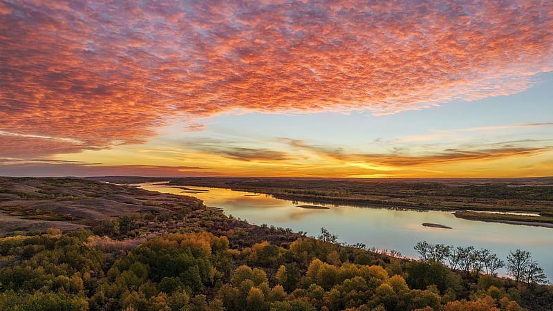 North Saskatchewan River Valley. Saskatchewan, sunset, trees, clouds, colors, landscape, sky, canada, HD wallpaper