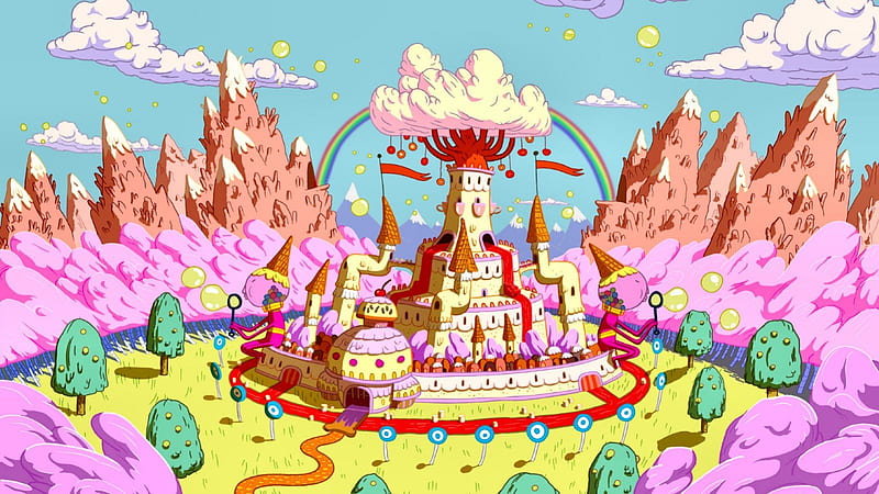 Candy Kingdom, candy, adventure time, jake, princess bubblegum, finn, pink, cartoon network, HD wallpaper
