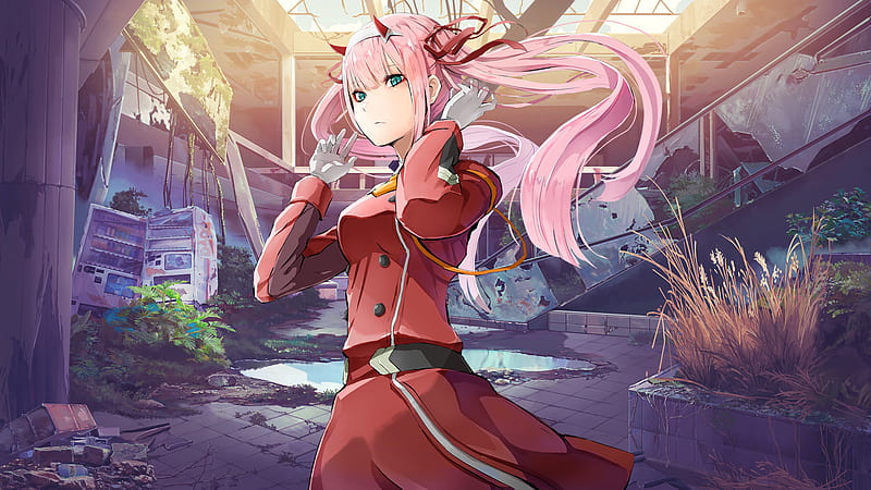 Darling in the franxx zero two with background of broken building ...
