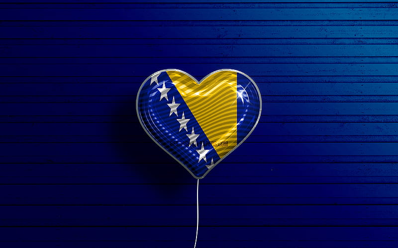 I Love Bosnia and Herzegovina realistic balloons, blue wooden background, Bosnian flag heart, Europe, favorite countries, flag of Bosnia and Herzegovina, balloon with flag, Bosnian flag, Bosnia and Herzegovina, Love Bosnia and Herzegovina, HD wallpaper