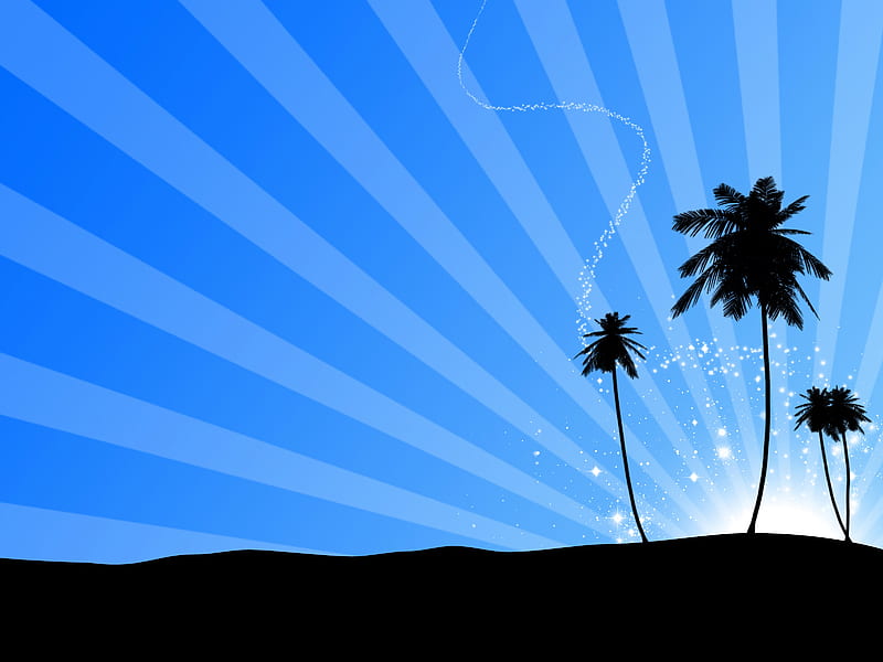 palm trees, silhouette, glare, art, HD wallpaper