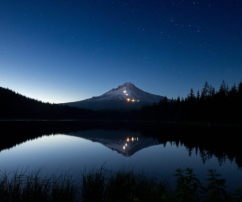 mountain, lights, lake, reflection, trees, night, HD wallpaper