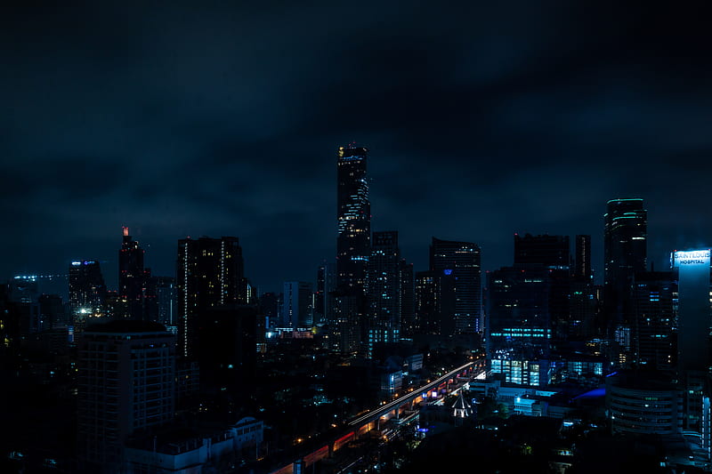 night city, city lights, lighting, darkness, thailand, HD wallpaper