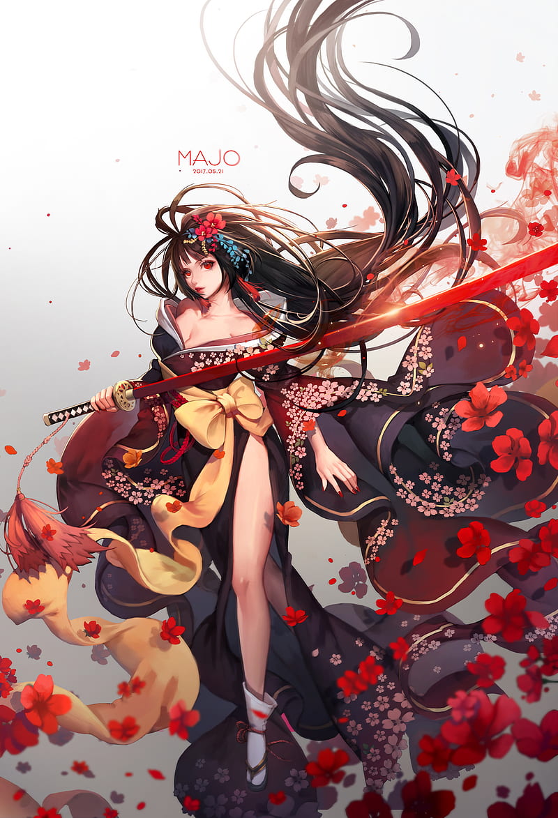 brunette, red eyes, kimono, ribbon, sword, flowers, HD phone wallpaper