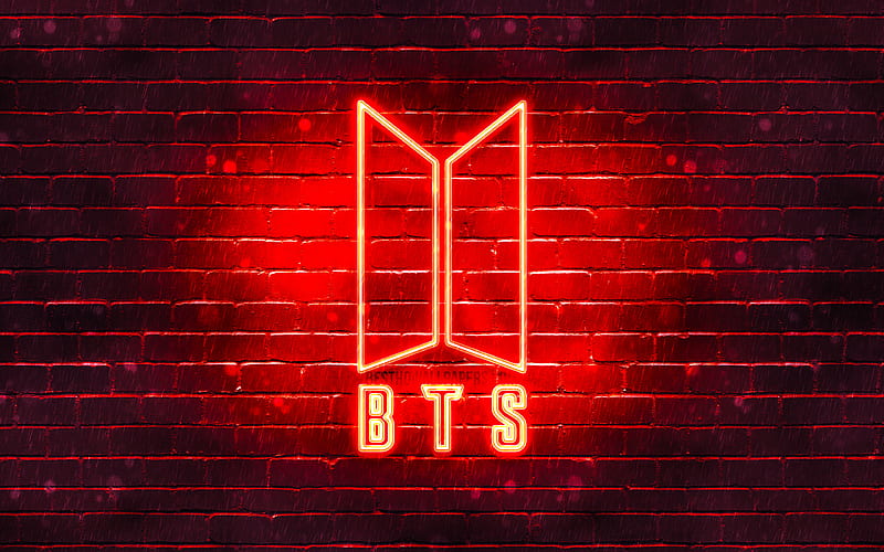 BTS red logo Bangtan Boys, red brickwall, BTS logo, korean band, BTS neon logo, BTS, HD wallpaper