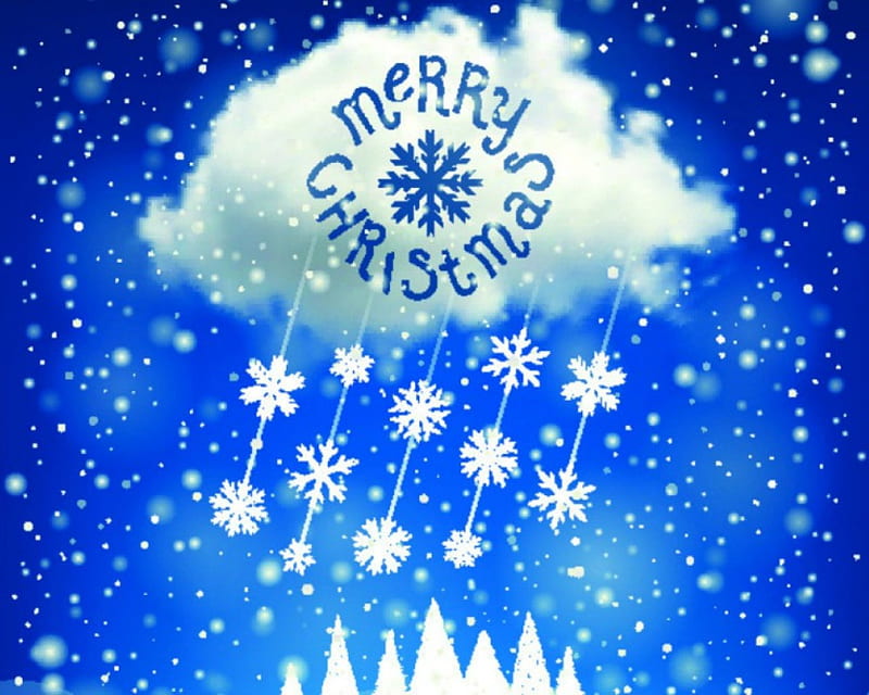 Merry Christmas, Christmas, clouds, snow flakes, blue, HD wallpaper