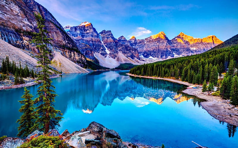 Moraine Lake, Canada, water, mpuntains, colors, reflection, trees, HD wallpaper