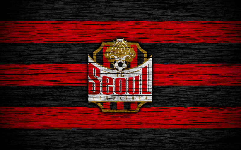 Seoul FC K League 1, wooden texture, South Korean football club, logo, red black lines, emblem, Seoul, South Korea, football, HD wallpaper