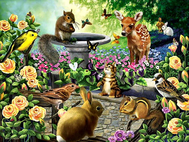 Harmony Garden - Animals F+Cmp, squirrels, artwork, deer, animal, painting, avain, rabbits, flowers, art, fawn, birds, thompson, pet, avian, wildlife, garden, kitten, mary thompson, HD wallpaper