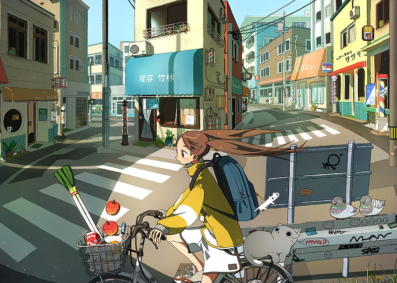 Anime, Girl, Bike, Cat, City, HD wallpaper