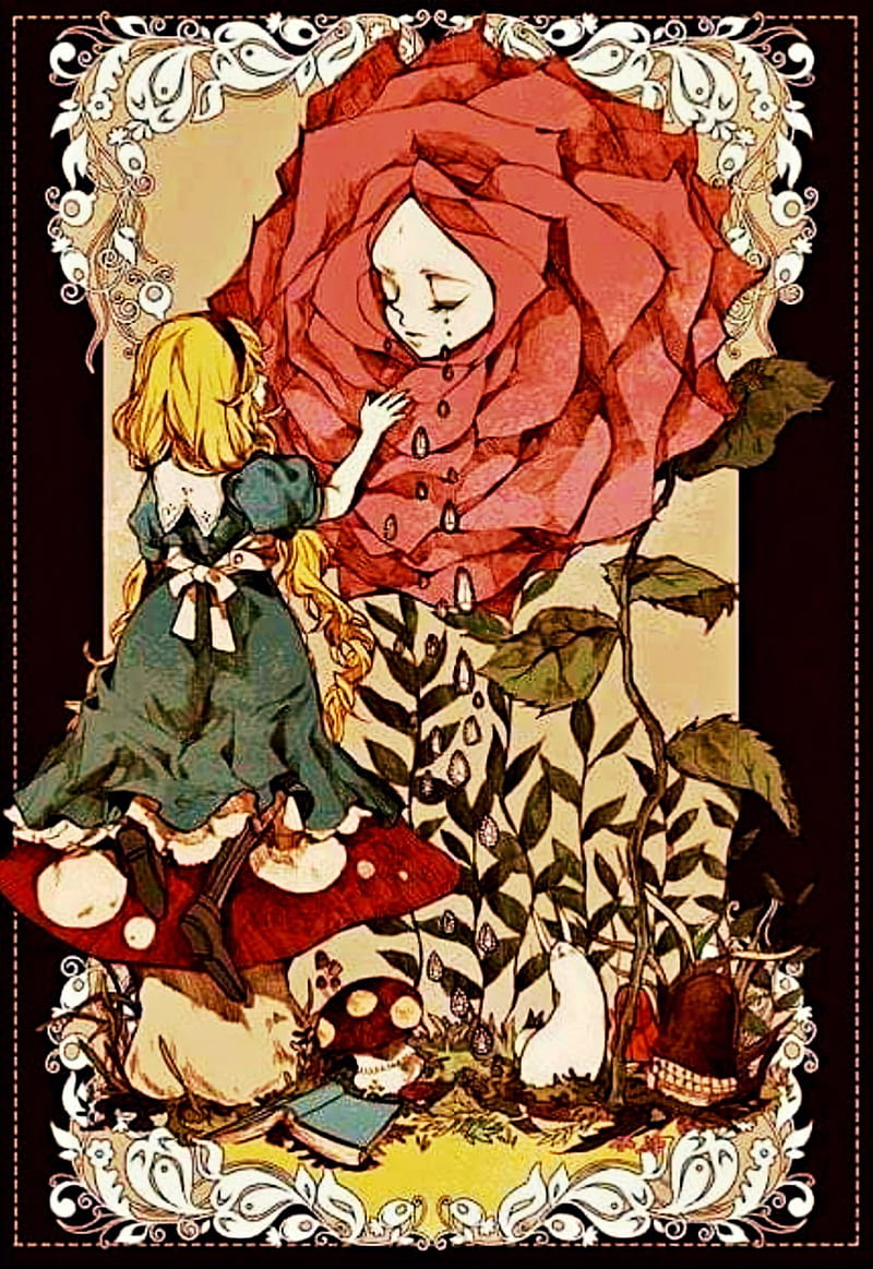 Alice , alice in wonderland, art, crying, drawing, flower, looking glass, rose, story, wonderland, HD phone wallpaper