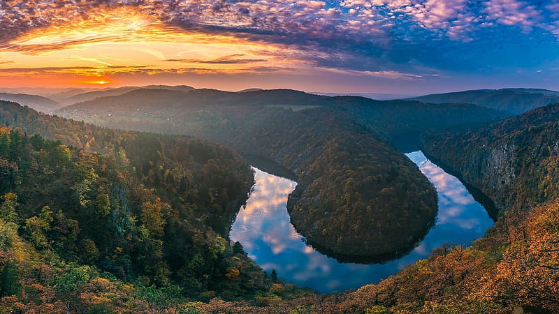 River Gauge, hills, germany, Moselle, sunset, clouds, sky, landscape, HD wallpaper