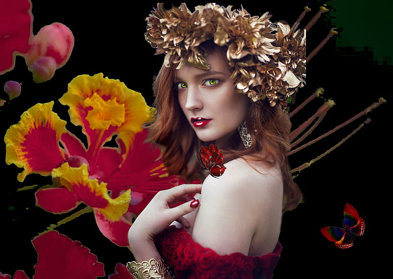 Red on Black with Golden Wreath, artistic, pretty, wreath, stunning, breathtaking, bonito, woman, women, floral, feminine, flowers, gorgeous, female, lovely, golden, butterflies, creative, girl, red on black, HD wallpaper
