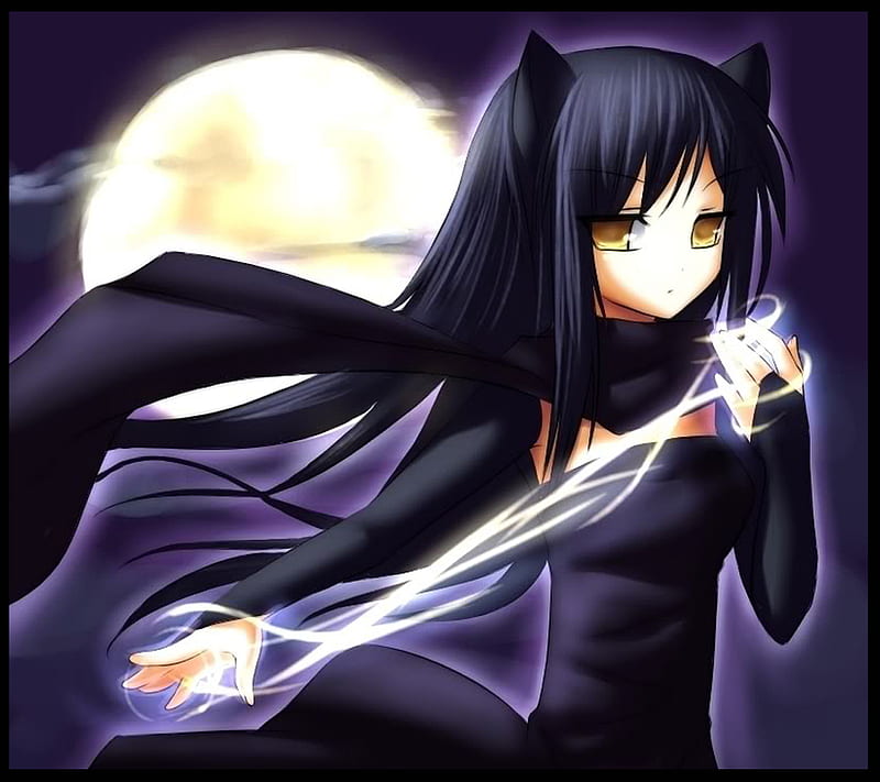Dark Neko Anime Black Dark Girl Lighting Magic Moon Neko Hd