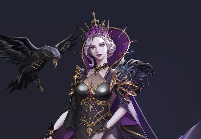 Raven Queen, fantasy, chungla, luminos, girl, bird, purple, dark, HD wallpaper