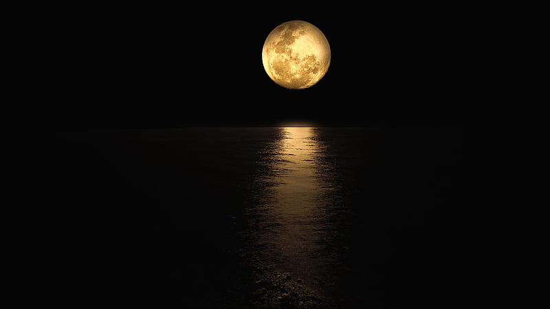 Golden Moon Reflection, Firefox theme, water, full moon, dark, reflection, sky, sea, night, HD wallpaper