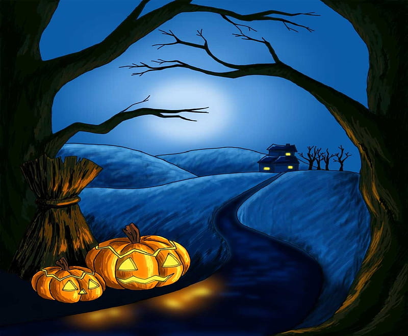 The Road Home, moon, house, road, trees, pumpkins, night, HD wallpaper ...