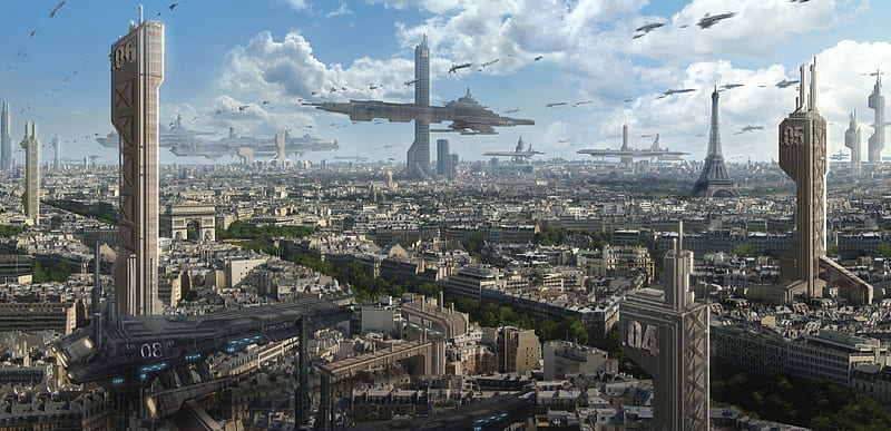 futuristic city, ships, buildings, blue sky, trees, clouds, HD wallpaper