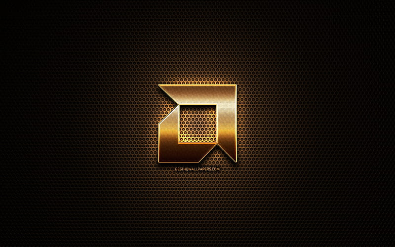 AMD glitter logo, creative, metal grid background, AMD logo, brands, AMD, HD wallpaper