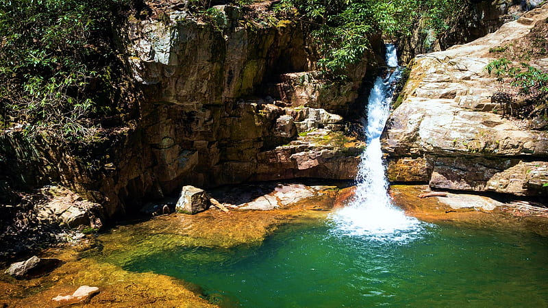The plunge pool at Blue Hole Falls, Cherokee National Forest, rocks, USA, trees, Tennessee, water, HD wallpaper