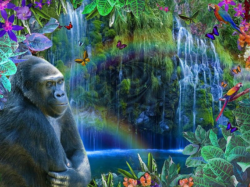 ★Magical Rainbow★, attractions in dreams, bonito, digital art, rainbows, orangutan, flowers, forests, butterfly designs, animals, lovely, colors, love four seasons, birds, creative pre-made, butterflies, waterfalls, nature, HD wallpaper