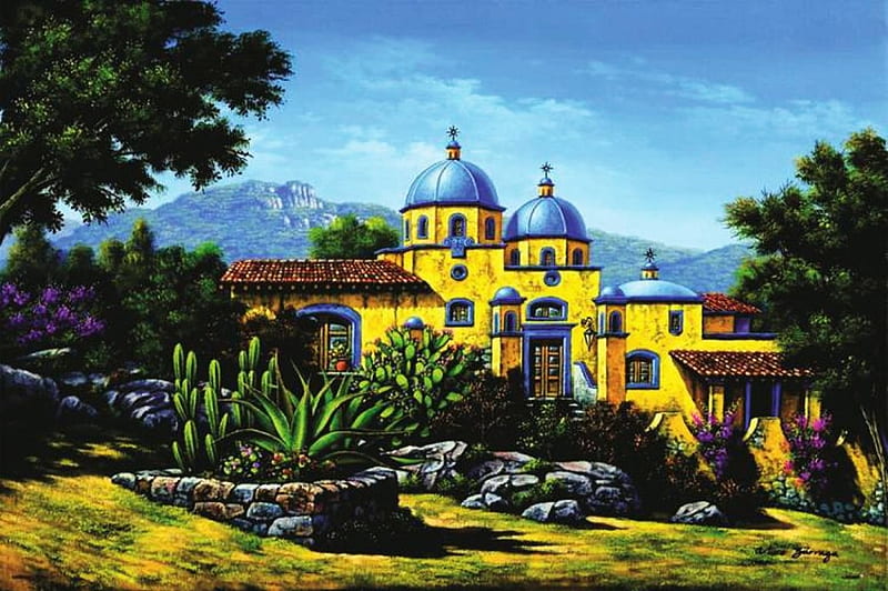 Beautiful Village, painting, spanish art, church, artwork, landscape, HD wallpaper