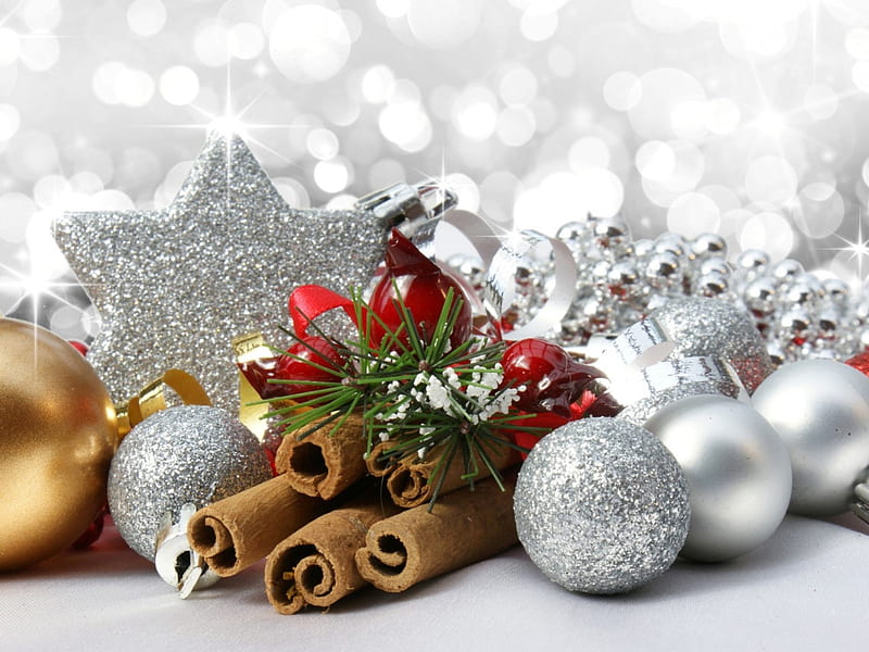 Christmas decorations, cinnamon, christmas, balls, star, HD wallpaper