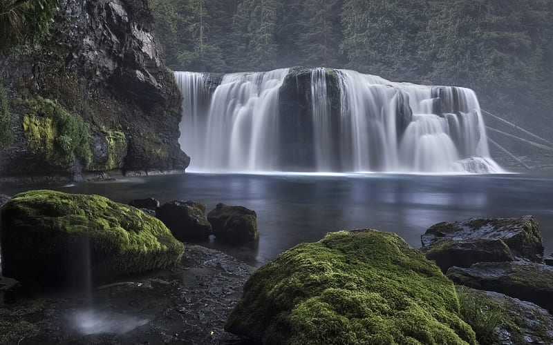waterfall, mountain lake, forest, fog, mountains, Europe, beautiful waterfall, HD wallpaper