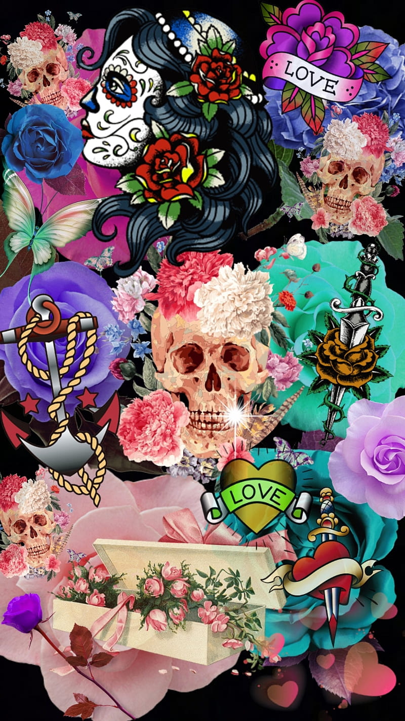 Deadly Flowers, sugar, skull, lady, anchor, roses, red, pink, HD phone wallpaper