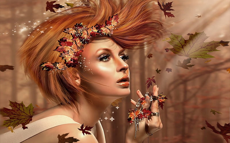 Lady Autumn, pretty, fantasy, autumn, redhead, bonito, Leaves, face, digital art, lovely, HD wallpaper